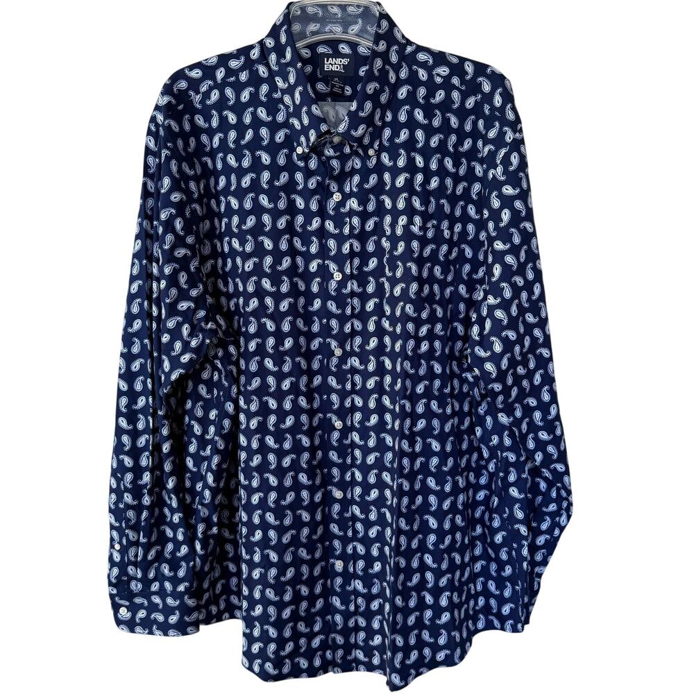 Land’s End Men’s No Iron Paisley Navy Blue white shirt size XL 17-17.5